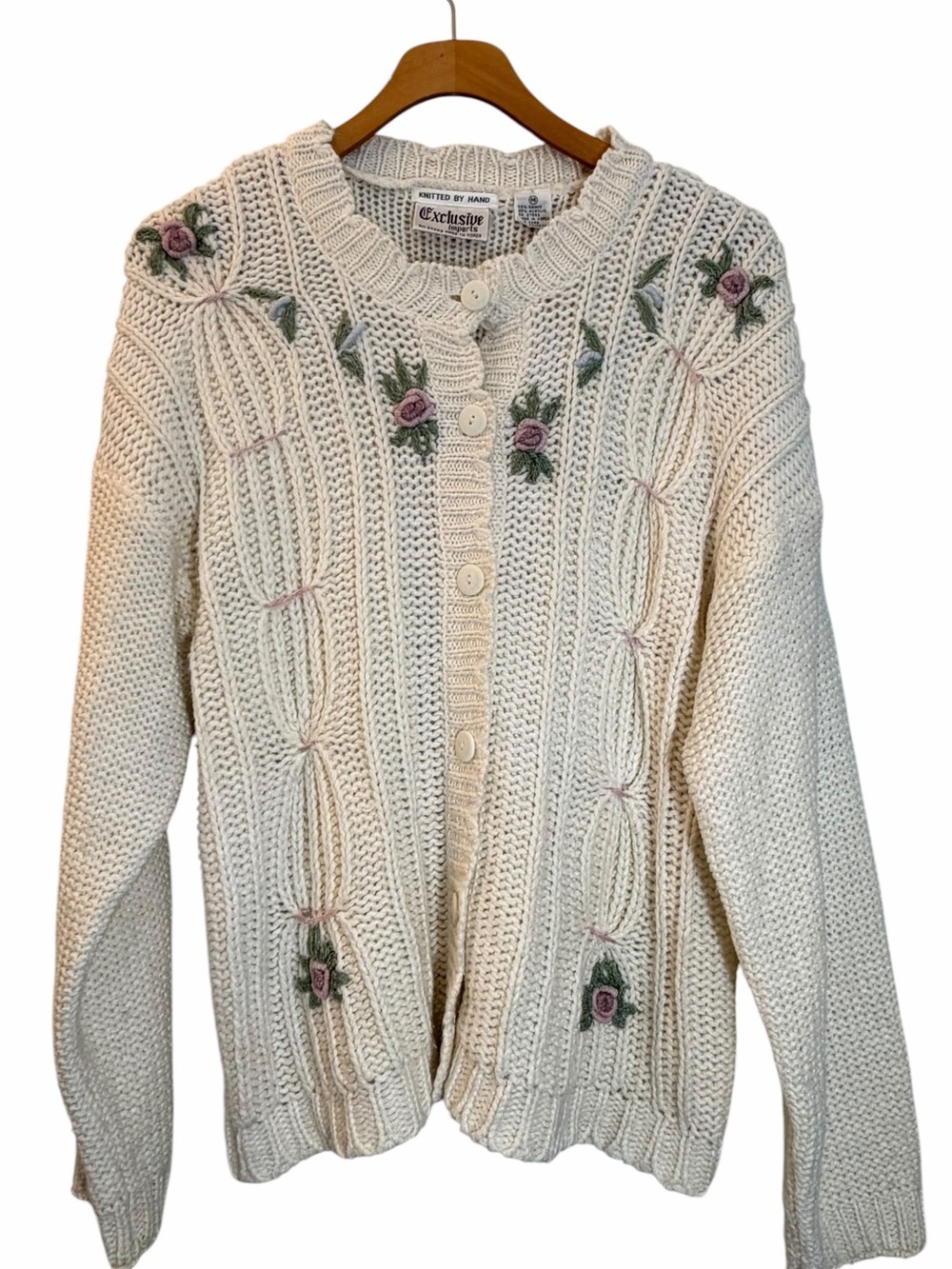 Vintage Cottagecore Cable Knit Cardigan Floral Embroidered Cream Pink Size M